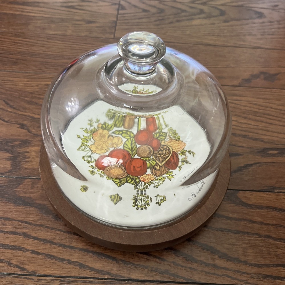 Vintage Goodwood Genuine Teak Wood Cheese Board Tray with Glass Dome Cloche Lid